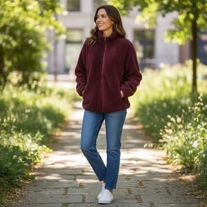 PINK Victoria's Secret Cozy Sherpa Fleece Sz S Zip Up Jacket Burgundy Teddy Cozy